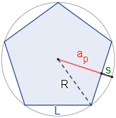 Calculadora de la apotema, sagita, circunradio, perímetro y área de un polígono regular de n lados de longitud L. También, definimos y calculamos la fórmula de la apotema y la sagita de forma intuitiva. Geometría plana. Matemáticas.