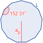 apotema de un tridecágono regular de lado L Calcular el área y el perímetro de un tridecágono regular. Definición de tridecágono regular y demostración de las fórmulas del área y del perímetro del mismo, escritas en función del lado, de la apotema y del radio del circuncírculo. Matemáticas. Geometría plana. Secundaria. Bachillerato. Calculadora online.