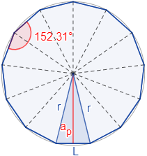 partición de un tridecágono regular de lado L en 13 triángulos isósceles Calcular el área y el perímetro de un tridecágono regular. Definición de tridecágono regular y demostración de las fórmulas del área y del perímetro del mismo, escritas en función del lado, de la apotema y del radio del circuncírculo. Matemáticas. Geometría plana. Secundaria. Bachillerato. Calculadora online.