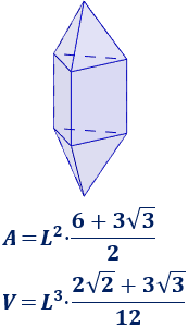 Calculadora del área y volumen del sólido de Johnson J₁₄ (bipirámide triangular elongada). También, definimos el sólido J₁₄, calculamos su altura y demostramos las fórmulas del área y del volumen. Calculadora online. Matemáticas. Geometría.
