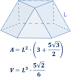 Calculadora del área y volumen del sólido de Johnson J₃ (o cúpula triangular). También, definimos el sólido J₃, calculamos su altura y demostramos las fórmulas del área y del volumen. Calculadora online. Matemáticas. Geometría.
