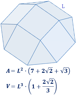 Calculadora del área y volumen del sólido de Johnson J₄ (o cúpula cuadrada). También, definimos el sólido J₄, calculamos su altura y demostramos las fórmulas del área y del volumen. Calculadora online. Matemáticas. Geometría.