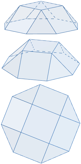 Calculadora del área y volumen del sólido de Johnson J₄ (o cúpula cuadrada). También, definimos el sólido J₄, calculamos su altura y demostramos las fórmulas del área y del volumen. Calculadora online. Matemáticas. Geometría.