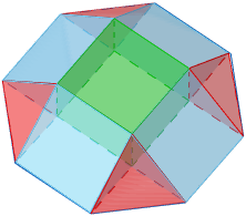 Calculadora del área y volumen del sólido de Johnson J₄ (o cúpula cuadrada). También, definimos el sólido J₄, calculamos su altura y demostramos las fórmulas del área y del volumen. Calculadora online. Matemáticas. Geometría.