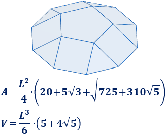 Calculadora del área y volumen del sólido de Johnson J₅ (o cúpula pentagonal). También, definimos el sólido J₅, calculamos su altura y demostramos las fórmulas del área y del volumen. Calculadora online. Matemáticas. Geometría.