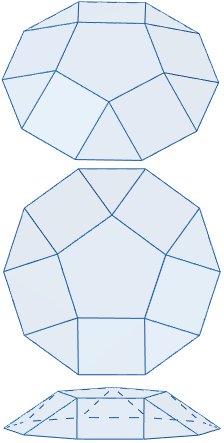 Calculadora del área y volumen del sólido de Johnson J₅ (o cúpula pentagonal). También, definimos el sólido J₅, calculamos su altura y demostramos las fórmulas del área y del volumen. Calculadora online. Matemáticas. Geometría.