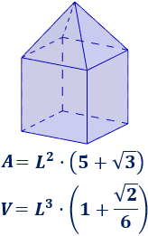 Calculadora del área y volumen del sólido de Johnson J₈ (pirámide cuadrada elongada o cubo aumentado). También, definimos el sólido J₈, calculamos su altura y demostramos las fórmulas del área y del volumen. Calculadora online. Matemáticas. Geometría.