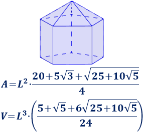 Calculadora del área y volumen del sólido de Johnson J₉ (pirámide pentagonal elongada). También, definimos el sólido J₉, calculamos su altura y demostramos las fórmulas del área y del volumen. Calculadora online. Matemáticas. Geometría.