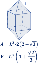 Calculadora del área y volumen del sólido de Johnson J₁₅ (bipirámide cuadrada elongada). También, definimos el sólido J₁₅, calculamos su altura y demostramos las fórmulas del área y del volumen. Calculadora online. Matemáticas. Geometría.