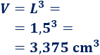 calculamos el volumen del cubo de arista L = 1,5: V = L³ = 1,5³ = 3,375 cm³ Proporcionamos una calculadora online y las fórmulas de un cubo de arista L. Con ejemplos, representaciones y problemas resueltos. Geometría tridimensional. Geometría 3D. Secundaria. ESO. Matemáticas.
