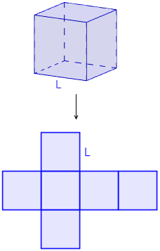 desarrollo plano de un cubo de arista L Proporcionamos una calculadora online y las fórmulas de un cubo de arista L. Con ejemplos, representaciones y problemas resueltos. Geometría tridimensional. Geometría 3D. Secundaria. ESO. Matemáticas.