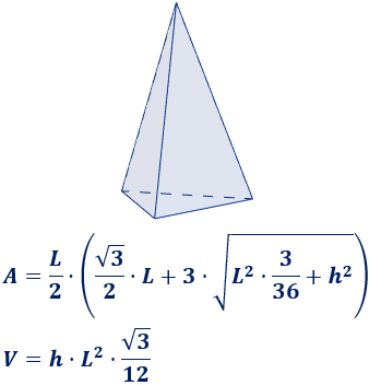 Calculadora del área y volumen del tetraedro o pirámide triangular (regular o no regular con base regular). También, definimos tetraedro, calculamos la altura del tetraedro regular y demostramos las fórmulas del área y del volumen. Calculadora online. Matemáticas. Geometría.