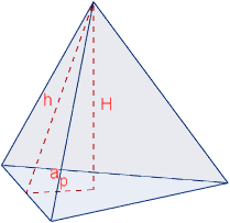 Calculadora del área y volumen del tetraedro o pirámide triangular (regular o no regular con base regular). También, definimos tetraedro, calculamos la altura del tetraedro regular y demostramos las fórmulas del área y del volumen. Calculadora online. Matemáticas. Geometría.