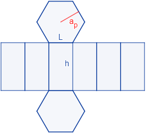 Calculadoras online del área y volumen de un prisma hexagonal regular (recto y con bases regulares) a partir de su lado y su altura o de su altura y su apotema. También, demostramos las fórmulas del área y del volumen. Matemáticas. Geometría.
