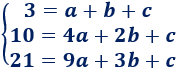 sistema de ecuaciones: 3 = a + b +c, 10 = 4a + 2b + c, 21 = 9a + 3b + c Recordamos el concepto de progresión aritmética (de primer orden); definimos progresión aritmética de segundo orden, proporcionamos la fórmula para sumar sus primeros términos y resolvemos algunos problemas. Matemáticas.